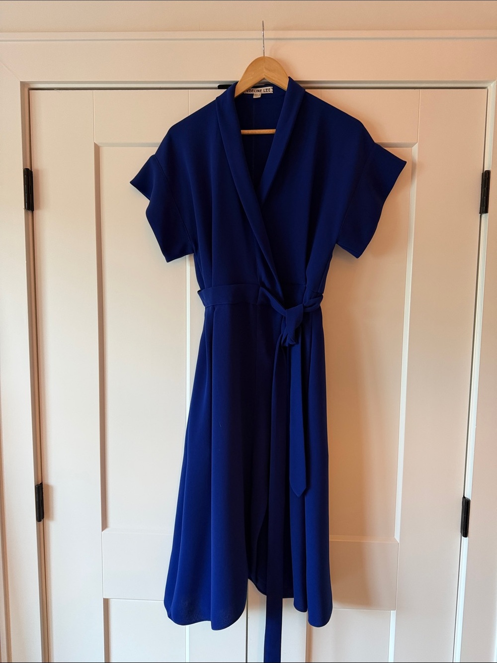 Edeline Lee England — Elegant Wrap Midi Dress in Cobalt Blue with Self Tie
